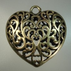 50mm Antique Bronze Filigree Heart Pendants - Each