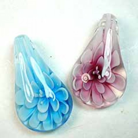 31x55mm Amethyst-Pink or Turquoise Inlaid Flower Glass Teardrop Pendant