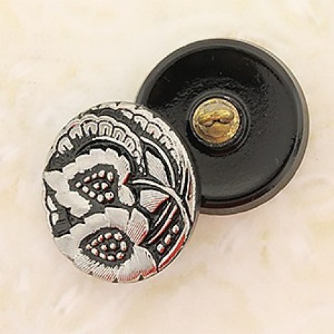 20mm Czech Glass Flower Buttons - Black & Silver