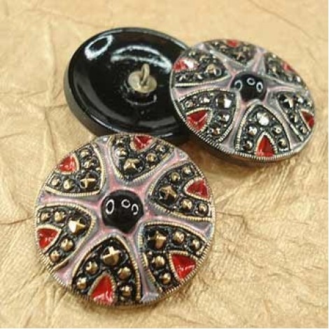 27mm Czech Glass Buttons - Pink, Red & Black with Gold