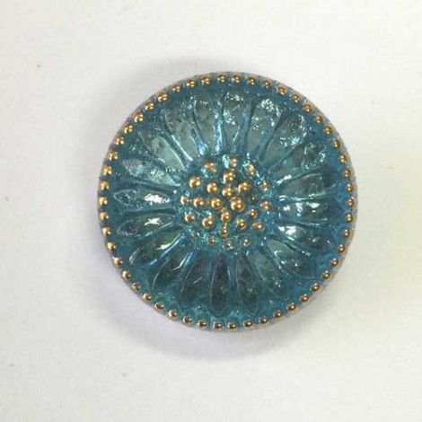 22mm Czech Daisy Glass Button - Aquamarine with Gold Accents + Silver Backing