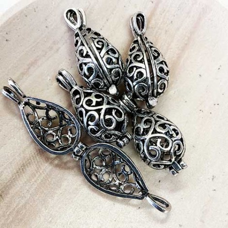 26x13mm Ant Silver Teardrop Hinged Bead Cage Pendant - Each