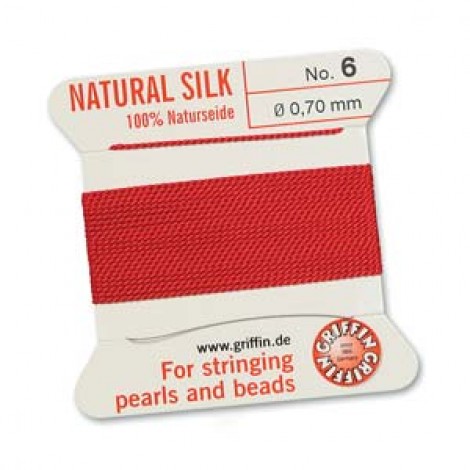 Griffin Silk Bead Cord - 2m Bobbin with Needle - Red - Sizes 0-16