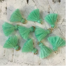 20mm Cotton Mini Tassels with Gold Jumpring - Pack of 10 - Soft Green/Gold