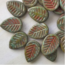 12x16mm Czech Dogwood Leaves - Tea Green with Picasso Finish - Pack of 5