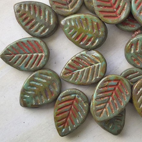 12x16mm Czech Dogwood Leaves - Tea Green with Picasso Finish