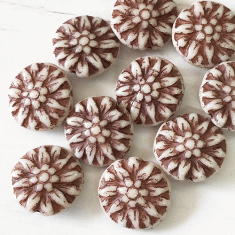 14mm Czech Glass Dahlia Flower Beads - White with a Brown Wash