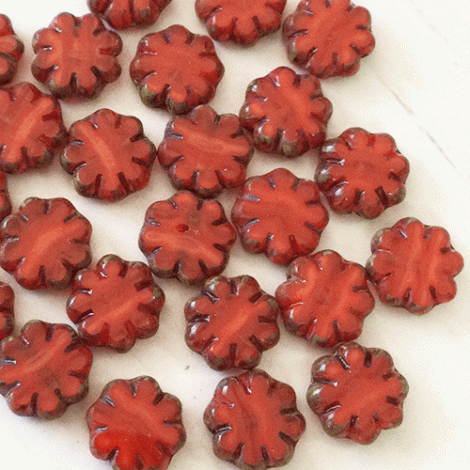 9mm Czech Tablecut Cactus Flower Beads - Ladybug Red with Picasso Finish