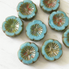 14mm Czech Table-Cut Hibiscus Flower Beads - Medium Sky Blue with Picasso Finish - Pack of 2