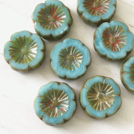 14mm Czech Table-Cut Hibiscus Flower Beads - Medium Sky Blue with Picasso Finish