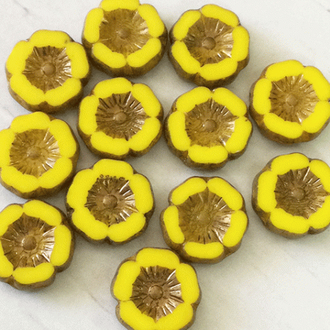 12mm Czech Table-Cut Hibiscus Flower Beads - Dandylion Yellow with Bronze Finish