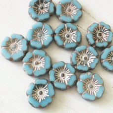 12mm Czech Table-Cut Hibiscus Flower Beads - Med Sky Blue w-Metallic Beige + Etched Finish