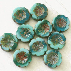 14mm Czech Table-Cut Hibiscus Flower Beads - Sea Green + Sky Blue with Picasso Finish - Pack of 2