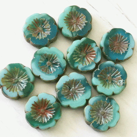 14mm Czech Table-Cut Hibiscus Flower Beads - Sea Green + Sky Blue with Picasso Finish