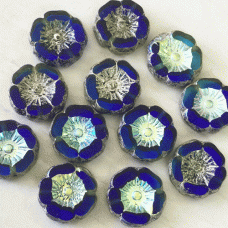 12mm Czech Table-Cut Hibiscus Flower Beads - Sapphire & Sky Blue with Ant Silver & AB Finish