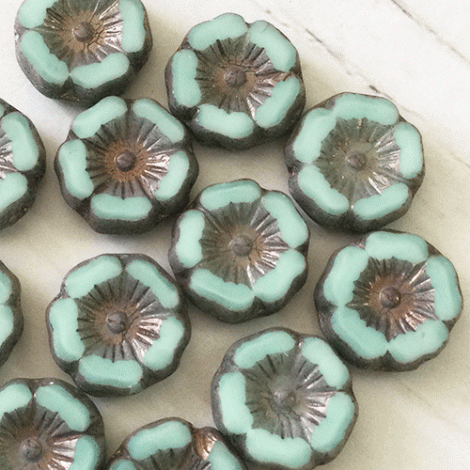 12mm Czech Table-Cut Hibiscus Flower Beads - Blue-Green with Purple-Grey Metallic Finish