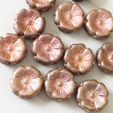 12mm Czech Table-Cut Hibiscus Flower Beads - Metallic Pink & Copper Rainbow w-Etched Finish