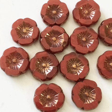 12mm Czech Table-Cut Hibiscus Beads - Red Oxide with Bronze Finish