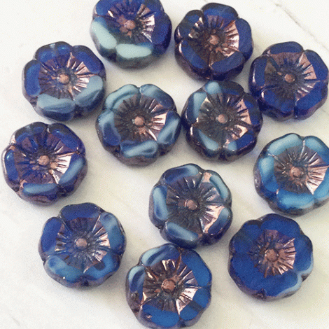 12mm Czech Table-Cut Hibiscus Flower Beads - Sapphire + Sky Blue with Bronze Finish