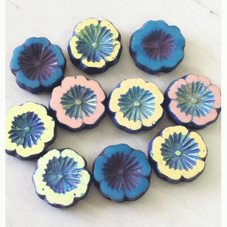 14mm Czech Table-Cut Hibiscus Flower Beads - Cornflower with Etched & AB Finishes