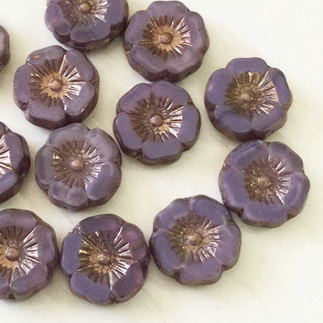 12mm Czech Table-Cut Hibiscus Flower Beads - Purple + Thistle with Bronze Finish
