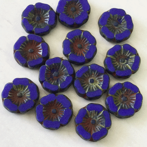 12mm Czech Table-Cut Hibiscus Flower Beads - Sapphire with Picasso Finish