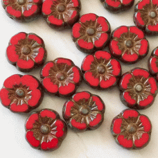 9mm Czech Table-Cut Hibiscus Flower Beads - Ruby Red with Picasso + Bronze Finishes