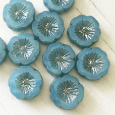 14mm Czech Table-Cut Hibiscus Beads - Sky Blue with Silver Finish - Pack of 2