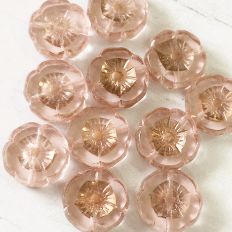 12mm Czech Table-Cut Hibiscus Beads - Transparent Glass with Copper Finish