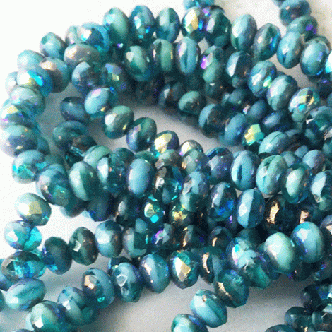 5x3mm Czech Faceted Rondelle Beads - Pacific Blue + Turquoise with Bronze + AB Finishes - Pack of 10