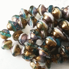 8x10mm Czech Saturn Cut Beads - Amber, Teal, Sea Green, White with Bronze Finish - Pack of 4