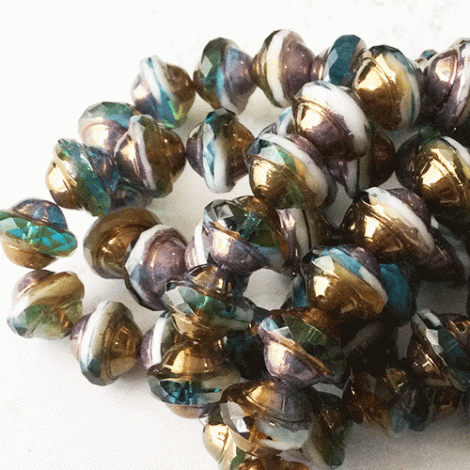 8x10mm Czech Saturn Cut Beads - Amber, Teal, Sea Green, White with Bronze Finish - Pack of 4