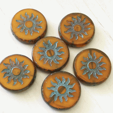 22mm Czech Sun Table Cut Coin Beads - Pumpkin with Picasso Finish