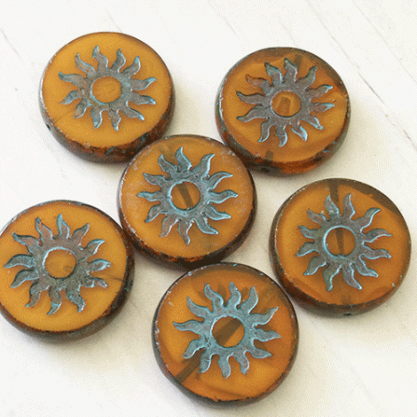 22mm Czech Sun Table Cut Coin Beads - Pumpkin with Picasso Finish