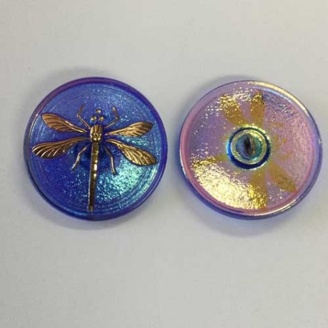 31mm Czech Dragonfly Glass Button - Sapphire Blue/Gold