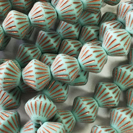 11mm Czech Bicones - Tiffany Green with Copper Wash - Pack of 5