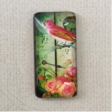 19x38mm Rectangle Art Glass Backed Cabochons - Flowers & Birds Design 2 - Each