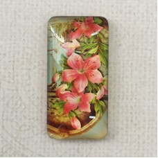 19x38mm Rectangle Art Glass Backed Cabochons - Flowers & Birds Design 4 - Each