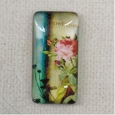 19x38mm Rectangle Art Glass Backed Cabochons - Flowers & Birds Design 8 - Each