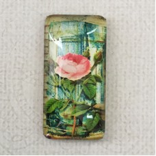 19x38mm Rectangle Art Glass Backed Cabochons - Flowers & Birds Design 9 - Each