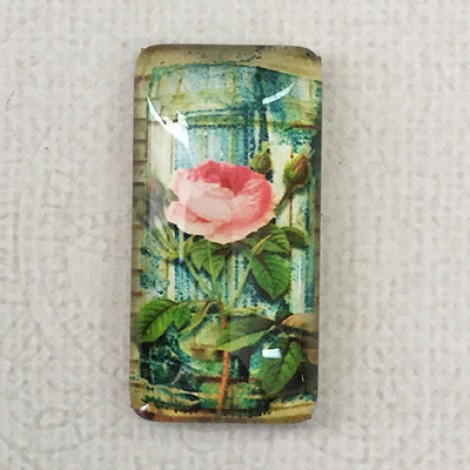 19x38mm Rectangle Art Glass Backed Cabochons - Flowers & Birds Design 9 - Each 19x38mm Rectangle Art Glass Backed Cabochons - Flowers & Birds Design 9 - Each