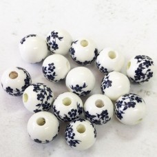 10mm White + Blue Round Porcelain Beads with 3mm hole - Pack of 12