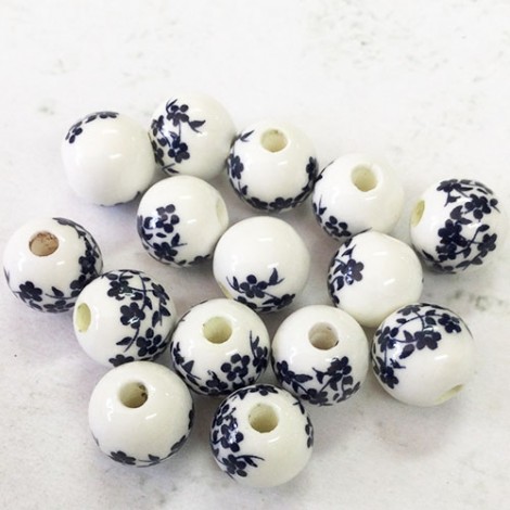 10mm White + Blue Round Porcelain Beads with 3mm hole - Pack of 12 10mm White + Blue Round Porcelain Beads with 3mm hole - Pack of 12