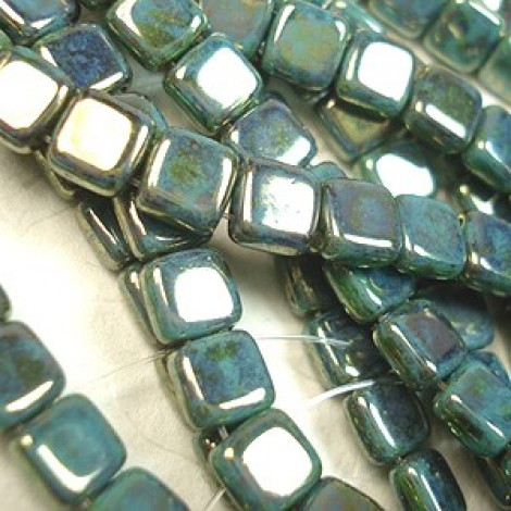 6mm Czech 2-Hole Tile Beads - Bronze Metallic PicassoTurquoise - Pack of 20