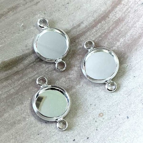 10mm Silver Plated Round 2-Loop Cabochon Tray Links - Pack of 4
