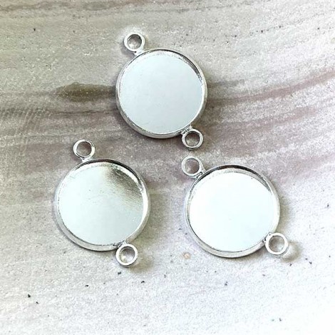14mm ID Silver Plated Round 2-Loop Cabochon Tray Links - Pack of 5