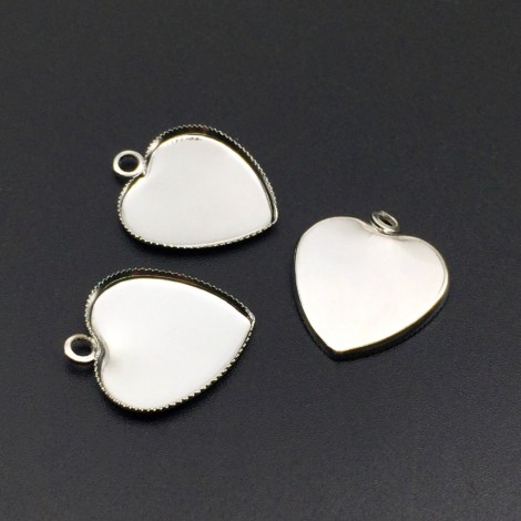 16mm Silver Plated Brass Heart Cabochon Setting Bezel Drops - Pack of 2