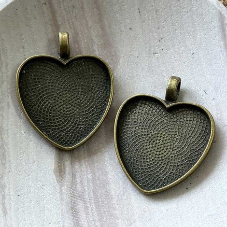 25mm ID Ant Bronze Heart Pendant Cabochon Setting w-Textured Back + Front - Pack of 2