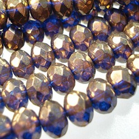6x9mm Czech Firepolish Glass Rondelles - Bronze Illusion on Sapphire - Pack of 10