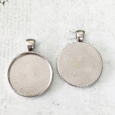 25mm ID Rhodium Silver Colour Plated Round Bezel Pendant Settings - Pack of 2